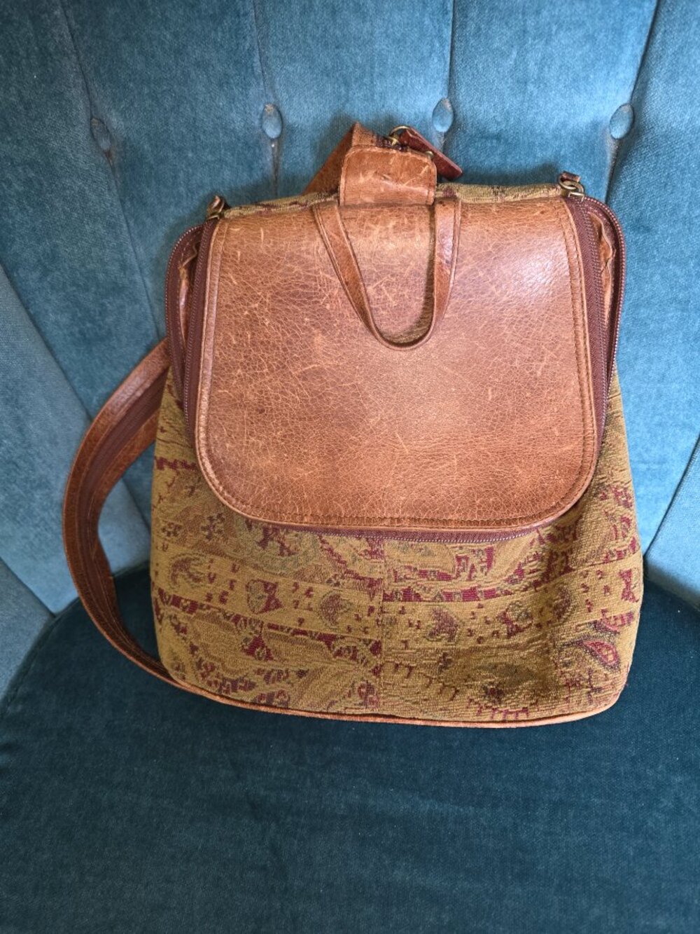 Vintage J. Jill Tapestry Leather Sling Bag Boho Southwestern Purse